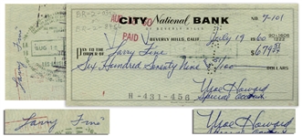 Moe Howard Check Signed to Larry Fine -- Endorsed by Larry on Verso -- Dated 19 July 1960 -- Very Good Condition